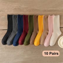 10Pairs Retro Frauen Baumwolle Lose Socken Herbst Winter Stricken Einfarbig Lange Schwarz Koreanische Japanische Student Mädchen