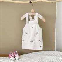 Neue Infant Baby Mädchen Strap Kleid Blume Stickerei Schwere Denim Kleid Tasche Taste Bodys Kinder Herbst Neugeborenen Baby Kleidung