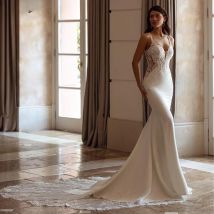 Luxuriöse Meerjungfrau-Brautkleider mit V-Ausschnitt für Frauen, Spaghettiträger, Spitzenapplikationen, Robe De Mariee, rückenfreies Brautkleid