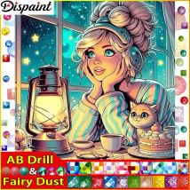 Dispaint Fairy Dust AB 5d Diamond Painting Full Square/Round "Woman Cat Lamp" Picture Of Rhinestone DIY Diamond Embroidery Home