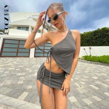 Boozrey 2022 Kordel zug Kleid Sommer Sets Frauen Outfits sexy eine Schulter Crop Top und Mini-Röcke Sets Co-ord Club Party