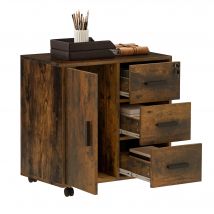 YITAHOME Schedario mobile con serratura a 3 cassetti - Supporto per stampante marrone rustico con 4 ruote e 1 anta