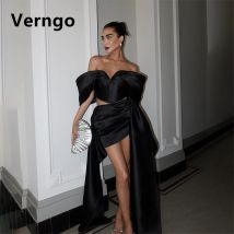 Verngo schwarz Satin Abendkleid Frauen von der Schulter kurze Ballkleider drapiert Zug Cocktail Party Kleid 2024 angepasst
