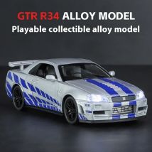 GTR-R34-Automodell im Maßstab 1:32, beleuchtete Räder und Motorgäusche, Rennspielzeug zum Sammeln für Kinder, Spaß für Rennfans