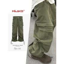 MIJKO Men's Casual Drawstring Trousers Multi-Pocket Vintage Work Pants with Legs Washed for Comfortable Wear 8519#