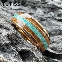 TUTISS 8MM Amazing Whiskey Barrel Oak Wood Ring Men Women Fashion Tungsten Wedding Band Crushed Turquoise Inlay