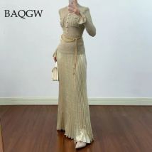 2025 AW New Women's Gold Elastic Spliced Pleated Long Dress Flare Sleeve Round Neck Knitted Party Dress