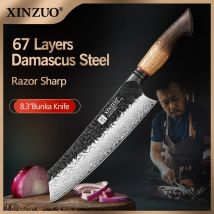 XINZUO 8,31 Zoll Bunka Kochmesser Wahl 67-lagiger Damaststahl 60 ± 2 HRC 15 ° ±1 Kanten, weiße Eiche, roter G10-Griff mit Geschenkbox