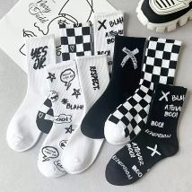 6 Pairs of Fashionable Men's and Women's Checkerboard Patterned Mid Tube Socks College Style Comfortable and Soft Couple Socks
