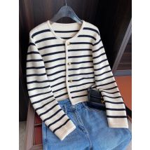 Cardigan lavorato a maglia a righe donna primavera autunno o-collo monopetto manica lunga crop top moda casual chic maglioni femminili