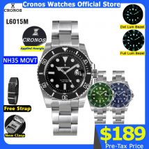 Cronos Sub Diver Herrenuhr, Edelstahl, NH35, gebürstetes Armband, Keramiklünette, 200 Meter wasserdicht, Glideclasp L6015M