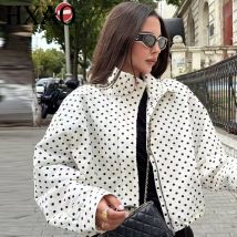 Kurtka bomberka w kropki HXAO Damskie kurtki Demi-sezonowa Oversize Długi rękaw Top Odzież wierzchnia Aviator Plus Size Zapinana na zamek Krótkie płaszcze