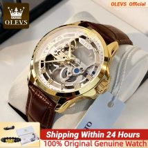OLEVS Luxus Männer Uhren Automatische Mechanische Armbanduhr Skeleton Design Wasserdichte Lederband