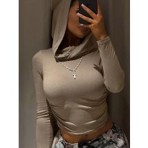 Damen-Crop-Tops mit Kapuze, Herbst, einfarbig, langärmelig, Wasserfallausschnitt, schmale Passform, kurzes T-Shirt, Streetwear, sportliche Basics, T-Shirts