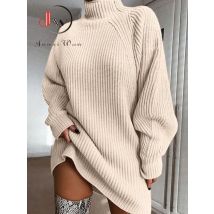 Frauen Rollkragen Übergroßen Gestrickte Kleid Herbst Solide Langarm Casual Elegante Mini Pullover Kleid Winter Kleidung