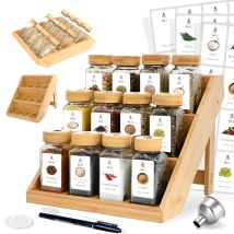 12/21 quadratische 120-ml-Gewürzgläser mit 2-in-1-Bambusholzregal (Fcm). ® ), 120 Etiketten für Halter und Schubladen, ohne Bpa