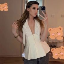 HXAO Off Shoulder Halter Tops For Woman Patchwork Stripe Tank Top Summer Butterfly Backless Sexy Corset Top Cropped Party Top