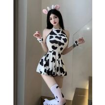 Exotische Sommer mode Frauen neue Kleidung hängen Hals schwarz und weiß Kuh drucken süße und süße Mädchen Stil elegantes Kleid 7 v0z