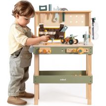 ROBUD Bambino Giochi di finzione Banco da lavoro per bambini Giocattolo in legno con cintura per attrezzi Occhiali Accessori per assemblaggio creativo Adatto per età 3