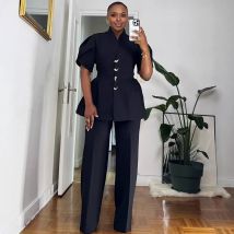 Vintage Elegant Two Piece Set Women Matching Sets Office Lady Single-breasted Puff Sleeve Blazer Coat and Wide Leg Pant Suits