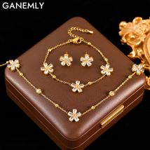 GANEMLY New Sparkling White Zircon Flower Necklace Bracelet Earrings Set For Women Trendy Stainless Steel Waterproof Jewelry