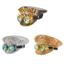 Damen Luxus Steampunk Hut mit Brille Pailletten Gold Nieten Diamanten Hut Herren Gothic Rock Bühne Club Party Karneval Hut
