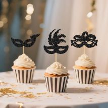 YOMDID 24Pcs Masquerade Masks Cupcake Toppers Glitter Bachelorette Party Cupcake Picks Masquerade Mardi Gras Party Decorations