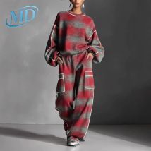 Retro Kontrast Plaid Print Sportswear-Set Frau Casual O Neck Top Sweatshirt + Breite Bein Hosen Outfit Herbst Langarm 2 stücke Anzüge