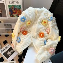 Kawaii Pullover 3D Blume Stickerei Strickjacke Frauen Lange Ärmel Einreiher Kontrast Farbe Pullover 2024 Herbst
