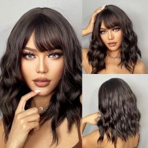 Kurze gewellte Bob Perücken für Frauen dunkelbraune Bob natürliche synthetische Perücke mit Pony für Mädchen täglich Cosplay verwenden hitze beständig