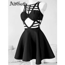 Altgoth Mall Goth sexy Korsett Kleid Frauen Vintage Streetwear aushöhlen Criss-Cross-A-Linie Kleid Emo Alt Grunge Elf Mädchen Kleid