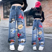 Neue 2024 Teenager Mädchen Blau Straße Cartoon Print Elastische Mittlere Taille Lose Denim Jeans Frühling Mode Kinder Nette Breite Bein Hosen