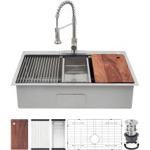 Küchenspüle, einklappbares Einzelbecken aus Edelstahl mit Zubehör, modernes, oben montiertes Arbeitsplatzspüle mit unterem Spülgriff