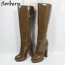 Sorbern Unisex-Stil, Kaffee-Damenstiefel, kniehoch, runde Zehenpartie, abschließbarer Reißverschluss, große Größe 34–48, individuell breit oder schmal, Wade