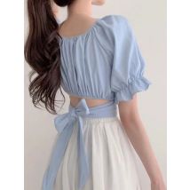 Chic High Waist Crop Top Bubble Sleeve Square Collar Shirt Knot Waist Cinching Short Length Women's Fashion Korean Style Blouse