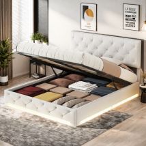 Letto imbottito Fangange, letto matrimoniale con illuminazione a LED, porta di ricarica USB, testiera regolabile in altezza, senza materasso, lino