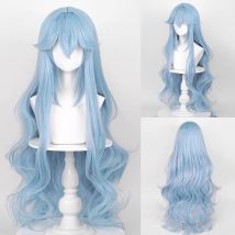 Parrucca da donna blu sintetica ondulata lunga con frangia Parrucca soffice resistente al calore per cosplay di giochi anime per la festa quotidiana