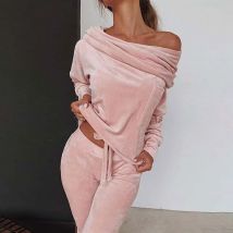 Sexy Samt, schulterfrei, Hangkragen, 2-teilig, lässig, für Damen, Heimanzug, modisch, Falten, langärmelig, Schleife, Pullover, Oberteil, Hosenanzug
