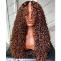 Leimlos remy 200 menschliches Haar 1x4 v Teil Perücken für schwarze Frauen Dichte Karamell braun natürliche verworrene lockige Öffnung v Teil Perücke