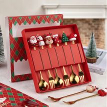 4/6 Stücke Weihnachten Kaffeelöffel Gabeln Set Edelstahl Löffel Gabeln Weihnachtsgeschenke für Kinder (Rot Geschenkbox Set)