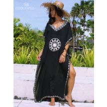 2025, schwarzes, übergroßes, marokkanisches Kaftan-Strandkleid mit V-Ausschnitt, Übergröße, Damen-Sommer-Midikleid mit halben Ärmeln und seitlichem Schlitz, Tunika Q643