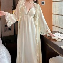 Sexy Robe Anzug 2Pcs Nighty & Robe Lange Kimono Bademantel Dame Satin Nachthemd Lange Palace Stil Homewear Nachtwäsche spaghetti Strap