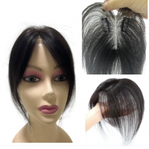 100 % handgefertigte Echthaar-Topper für Frauen mit Pony, randlos, einlagig, unsichtbar, Spitzenbasis, Haarteile, Clips in Fransen