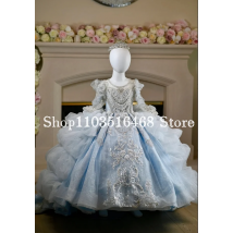 Himmelblaue Blumenmädchenkleider Mini Quinceanera Kleider Hohe Prinzessin Couture Spitze Perlenapplikation Puffy Custom Vestido de Festa