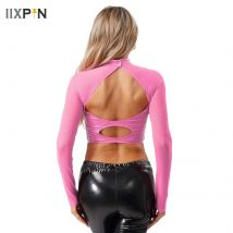 Glänzendes Damen-Crop-Top aus PU-Leder und Latex, durchsichtiges Netzstoff, lange Ärmel, ausgehöhlte Brustbluse, Wet-Look, Pole Dance, Raves, Party, Clubwear