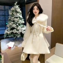 Christmas Lolita Kawaii Long Sleeve Long Blend Women Casual Pure Color Coat Sweet Anime Button Patchwork Bows 2025 Autumn