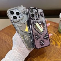 Glänzende Glitzer-Diamant-Handyhülle mit Spiegel, 3D-Schmetterlingsherz, für iPhone 16, 15, 14, 13, 12, 11, Pro Max, stoßfeste Rückseite