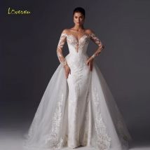 Loverxu Meerjungfrau Vintage Brautkleider Schatz Langarm Vestido de Novia Applikationen abnehmbare Zug Robe de Mariee