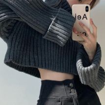 Women's turtleneck sweater, loose fit for outerwear, autumn and winter, casual cropped style, high-waist fashionable knitted top