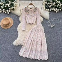 Elegant 2 Pieces Skirt Set Women Autumn Hollow Out Crochet Embroidery Prom Evening Party Long Dress Suits Crop Top Skirts Suits